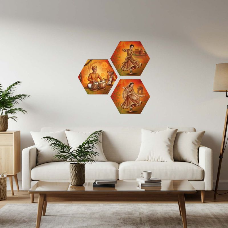 Set of 3 Hexagonal Shape Indian Classical Kathak Dance Wall Art Decor Traditional Musician and Dancer Theme Decor for Living Room, Office, and Cultural Wall Decoration